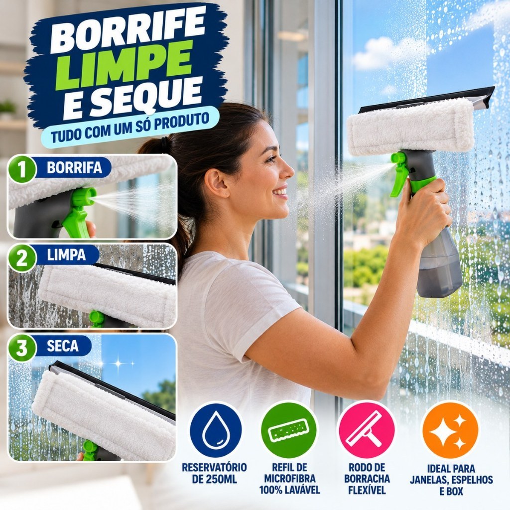 Mop Spray com Reservatório 250ml Vidro Rodo 3 Em 1 Limpeza em Geral Vidro Janela