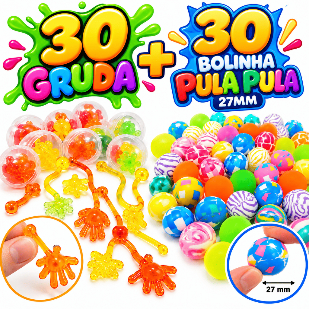 30 Bolinha Pula Pula + 30 Geleca Gruda Para kit Festa Lembrancinha Aniversario Prenda Quermesse
