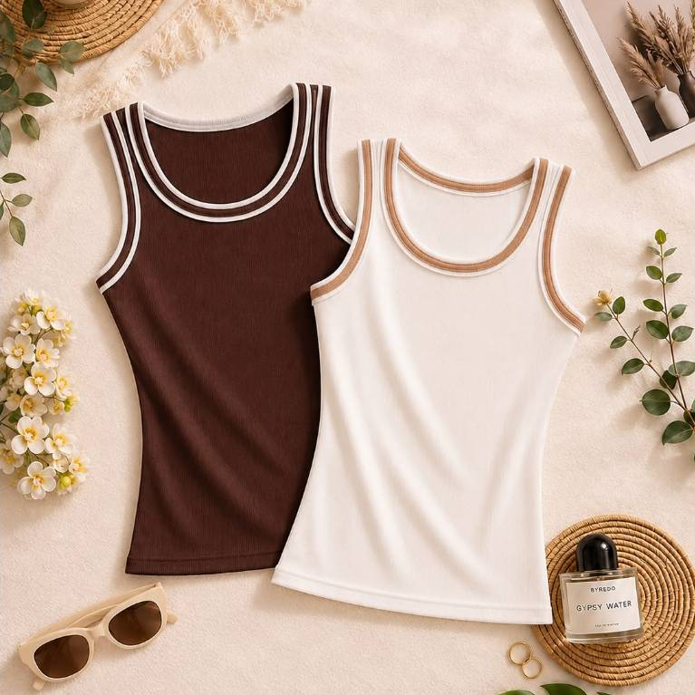 kit com 2 Regatas Feminina Básica em Tecido Ribana Canelado Moda Verão Elegante e Sofisticada