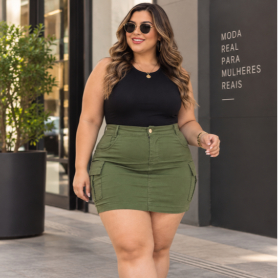 Saia Cargo Plus Size Denim Com Lycra Jeans