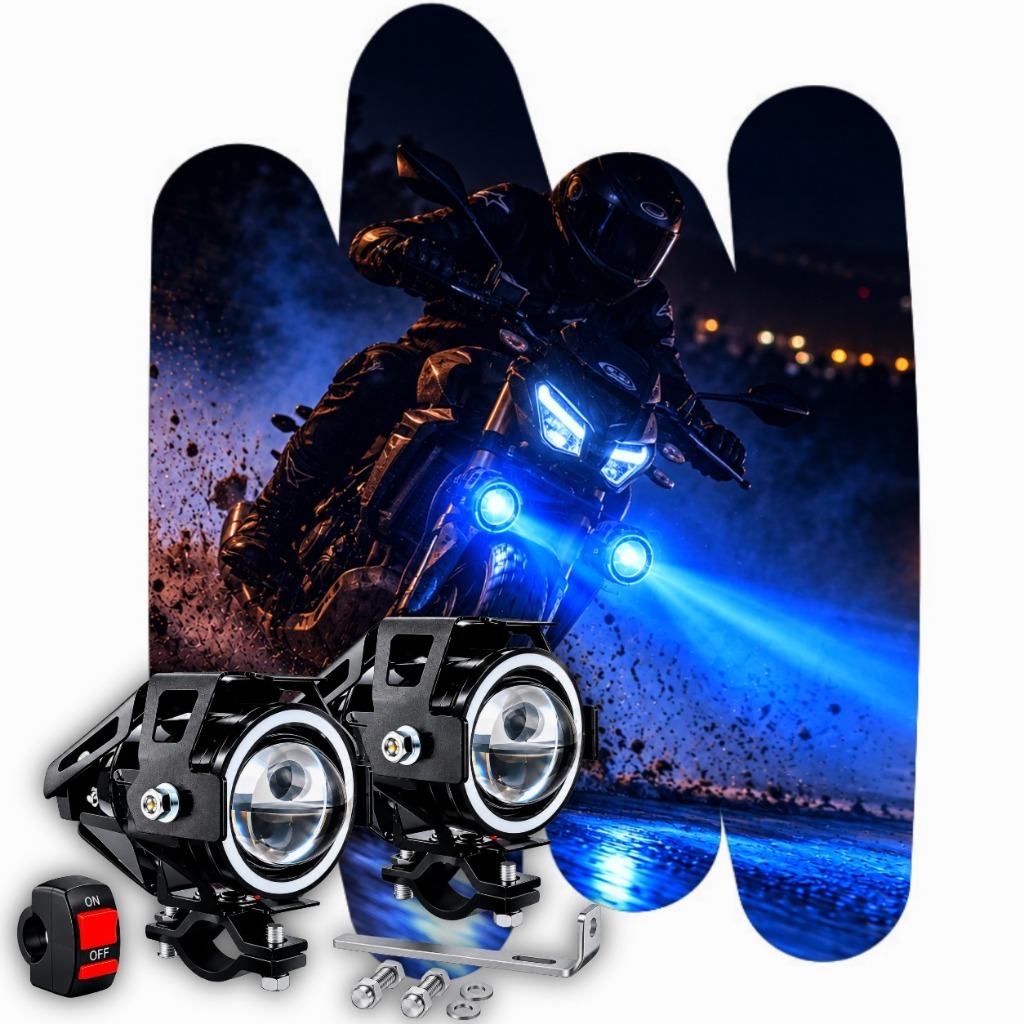 Par Farol Milha Moto Angel Eye U7 Led Auxiliar Azul Branco