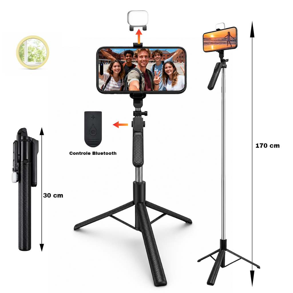 Tripé Pau de Selfie Bluetooth 1,7m Aço Inoxidável com Luz LED Espelho Maquiagem Suporte Celular para Lives e Viagem
