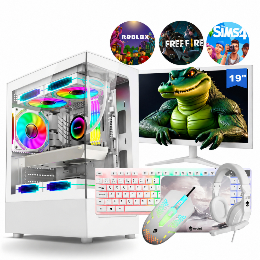 PC Gamer Branco Completo Intel i5 RAM 16GB Placa de vídeo GT 730 Monitor Teclado Mouse Headset