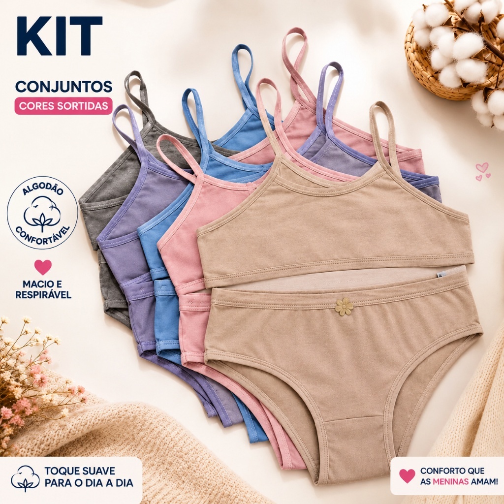 Kit Conjuntos Juvenil Calcinha Sutiã Algodão Infantil Pré Adolescente Moça Liso Confortável