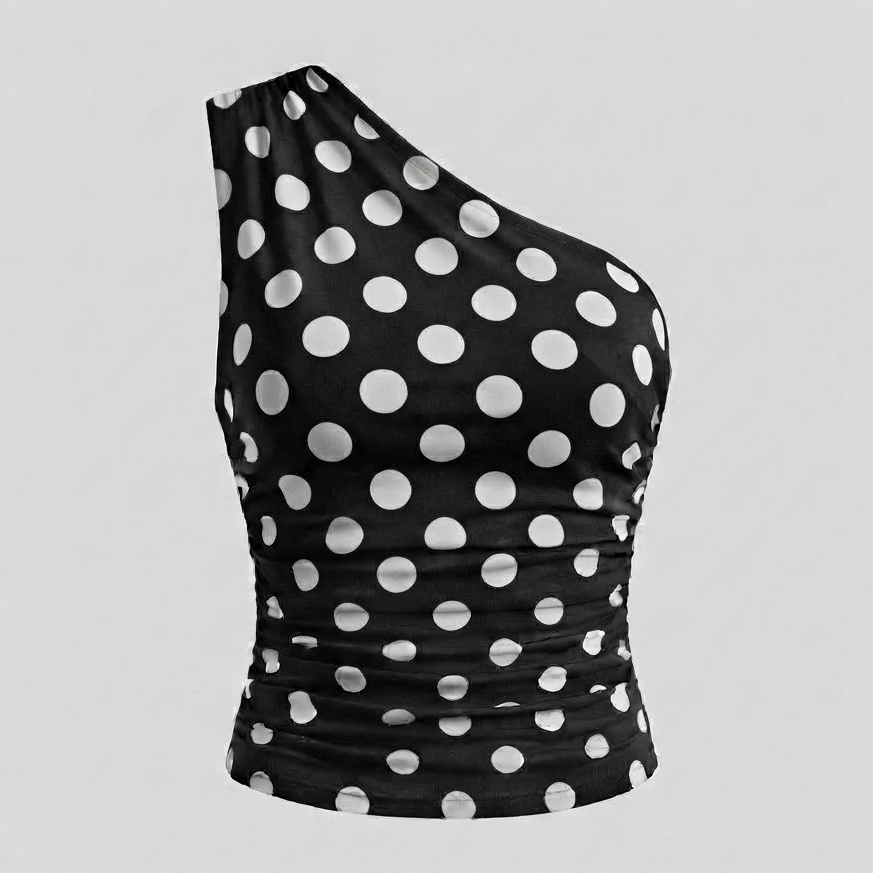Blusa Feminina Ombro Único Poá Drapeada Elegante Casual Moda Verão