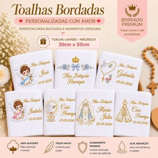 Toalha Batizado Bordada Personalizada com Nome e Data Batismo Presente Religioso Bebê 30cm X 50cm
