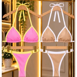 Biquíni Fio Dental Cortininha Bicolor Feminino Marquinha Fita Moda Praia Verão