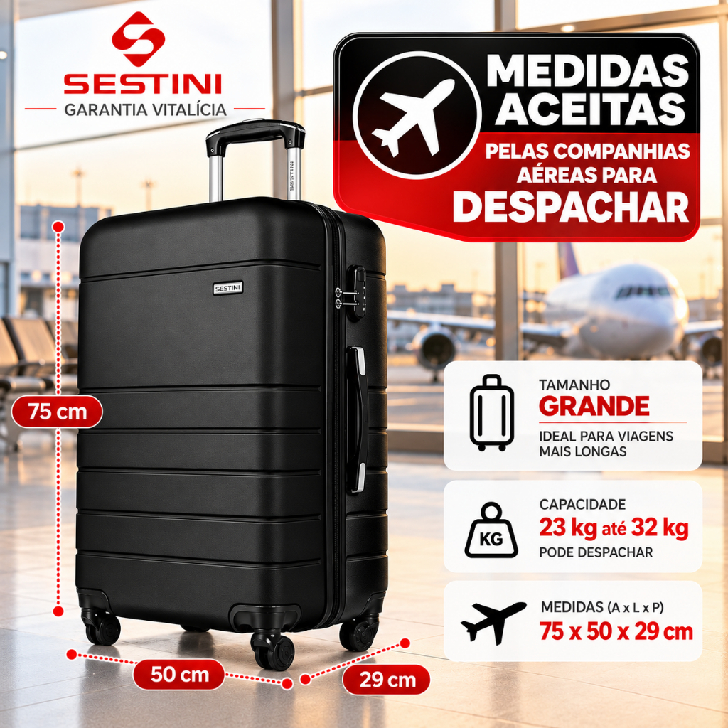 Mala de Viagem 23kg Sestini ORIGINAL, Padrão ANAC para despachar, Super Resistentes e Espaçosas — imagem 2 de 2