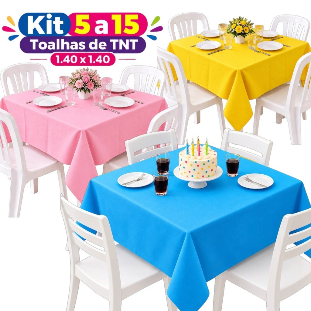 Kit 5 a 15 Toalhas de Mesa Quadrada 1,40m x 1,40m Grandes com Caimento Cobre a Mesa Toda - Festa Casamentos Aniversario