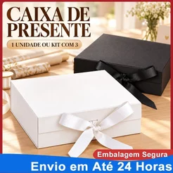 Caixa Presente Rígida Dobrável com Fecho Magnético e Fita de Cetim, Kit 1 ou 3 Unidades, 3 Tamanhos