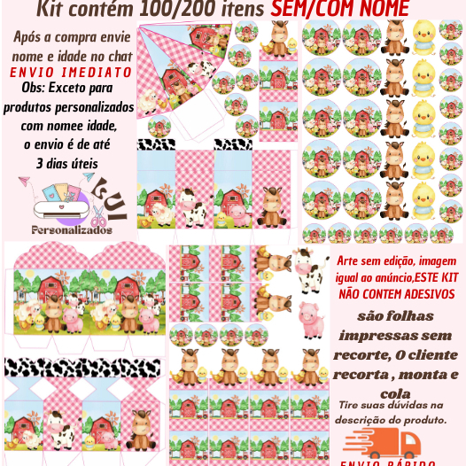 KIT COM 200/100 ITENS LEMBRANCINHAS S/COM NOME TEMA: FAZENDINHA ROSA (Envio Rápido)