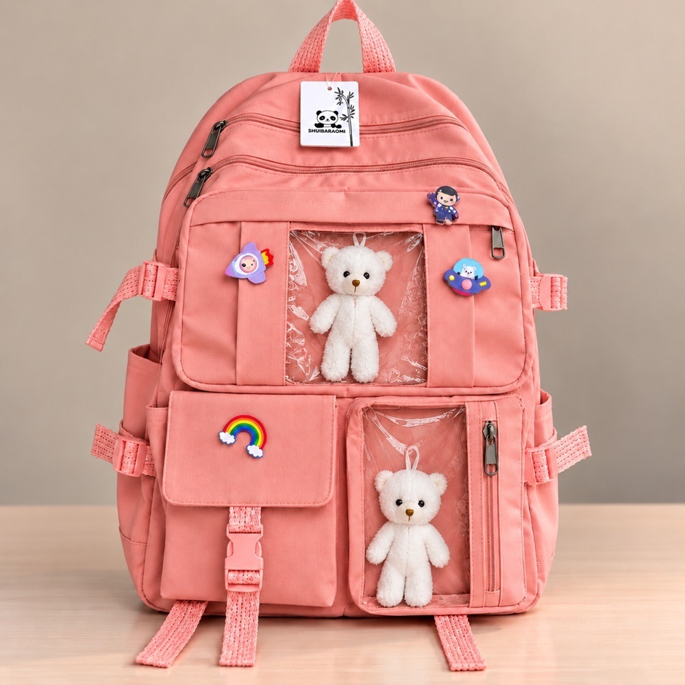 Mochila Nova Feminina Coreana Escolar Passeio Grande com Chaveiros e Botons Multifuncional Viagens Zíper Passeio Jovem