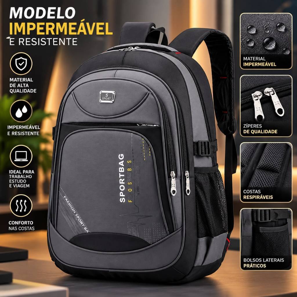 Mochila Bolsa Masculina Executiva Impermeável Faculdade Resistente Grande