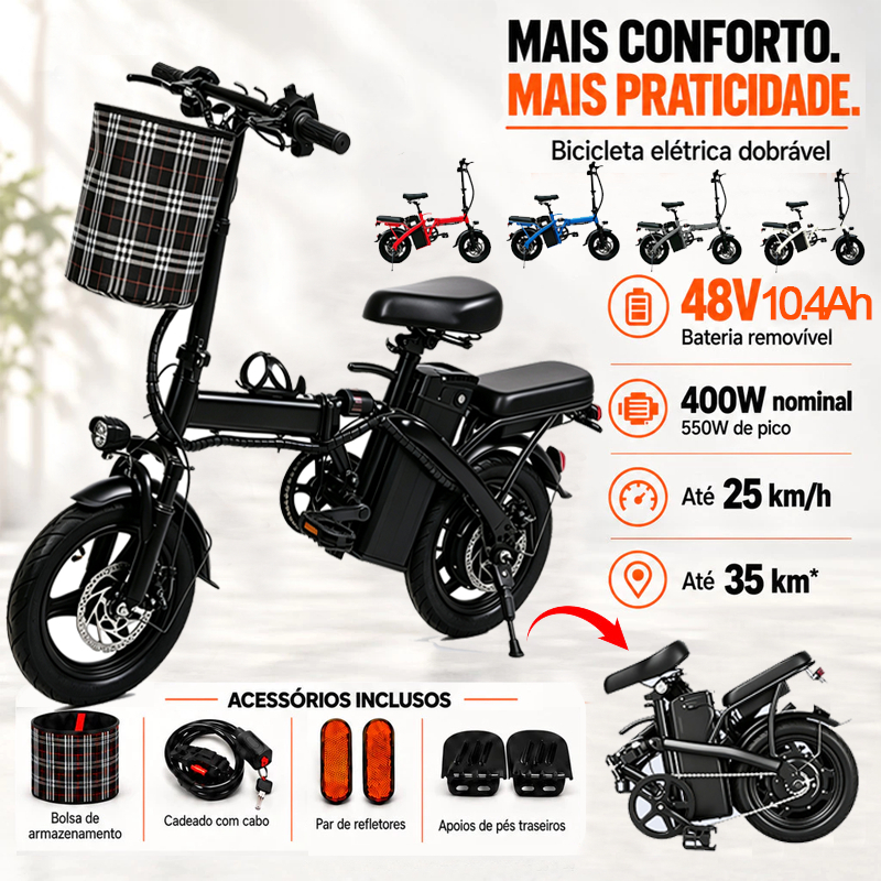 Bicicleta Elétrica Dobrável Para Adultos Com Pedalada Assistida Suporte De Celular Com Carregamento Máxima De 30km 400W