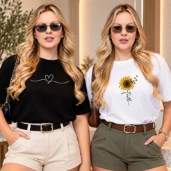 Kit 2 Camiseta Estampada Feminina Blusa Estilosa 100% Algodão Promoção