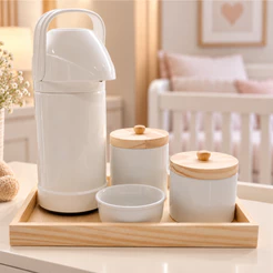 Kit Higiene Bebê Porcelana Branco Gelo 5 Peças Garrafa Termica Grande Puxador Potes Bandeja Pinus Retangular Molhadeira