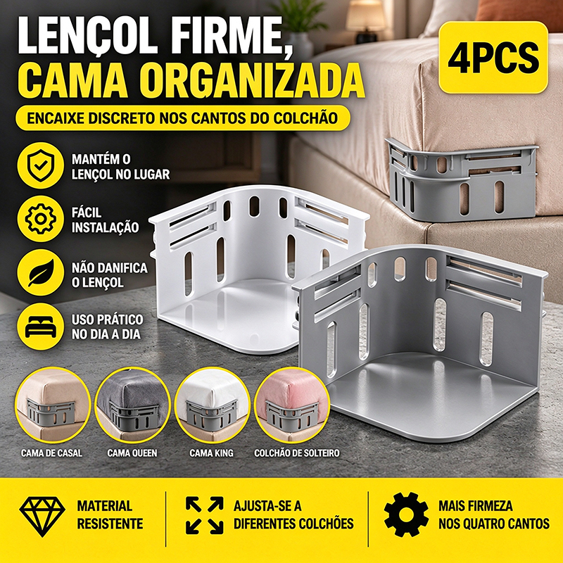 Kit 4 Prendedor De Lençol Cantoneira PP Antiderrapante Ajustável Para Colchão Box Casal Queen King Sem Danos No Lençol