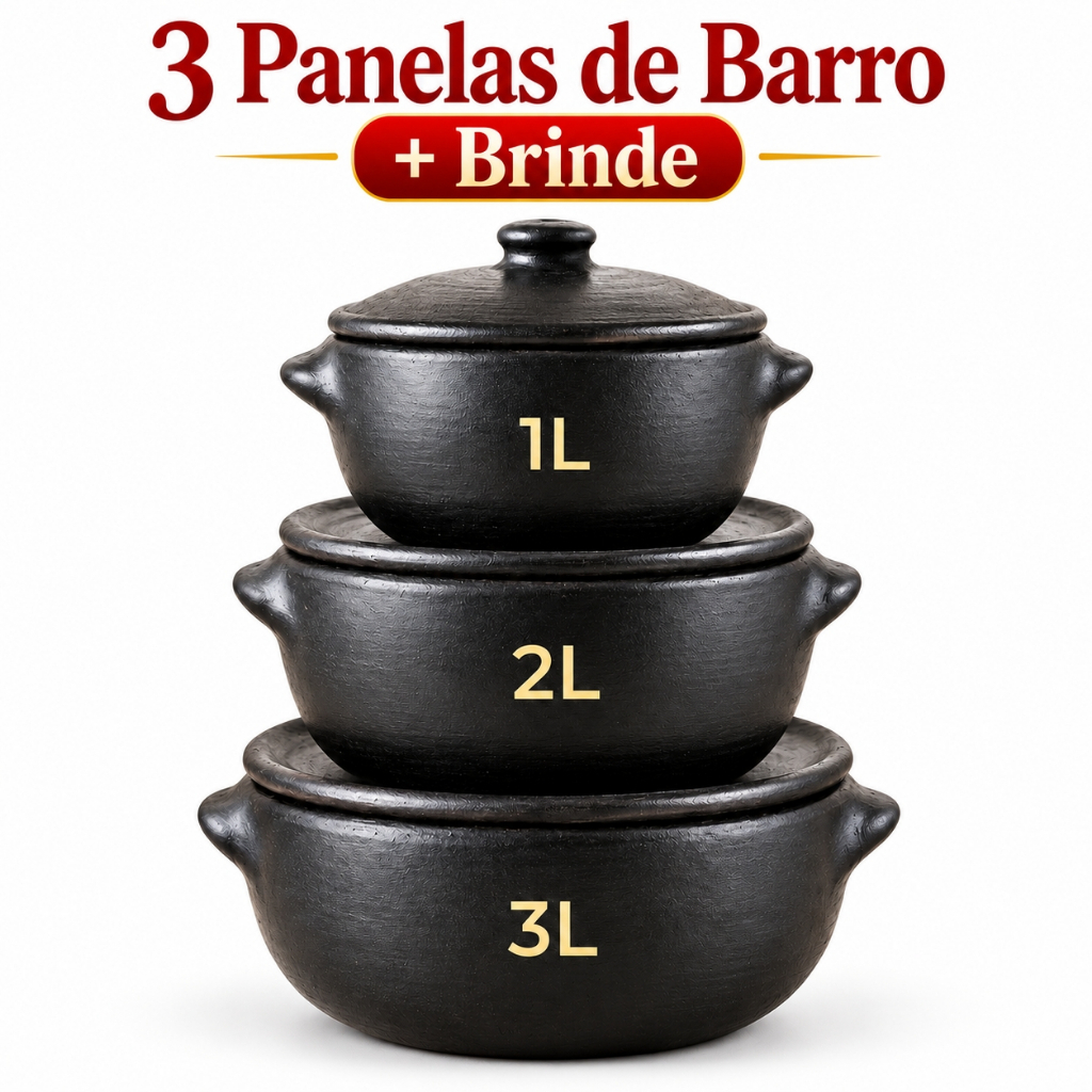 Panela Barro Capixaba Preta- Conjunto C/ 3 peças-Moqueca-Arroz-Ensopados/Retém Calor/Fogo Gás/Fogão Lenha
