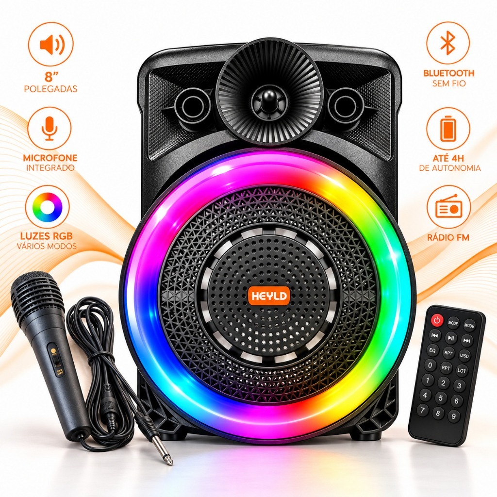 Caixa de Som Bluetooth Portátil 2000W PMPO Potente com LED RGB, Microfone, USB/SD/Aux e Karaokê