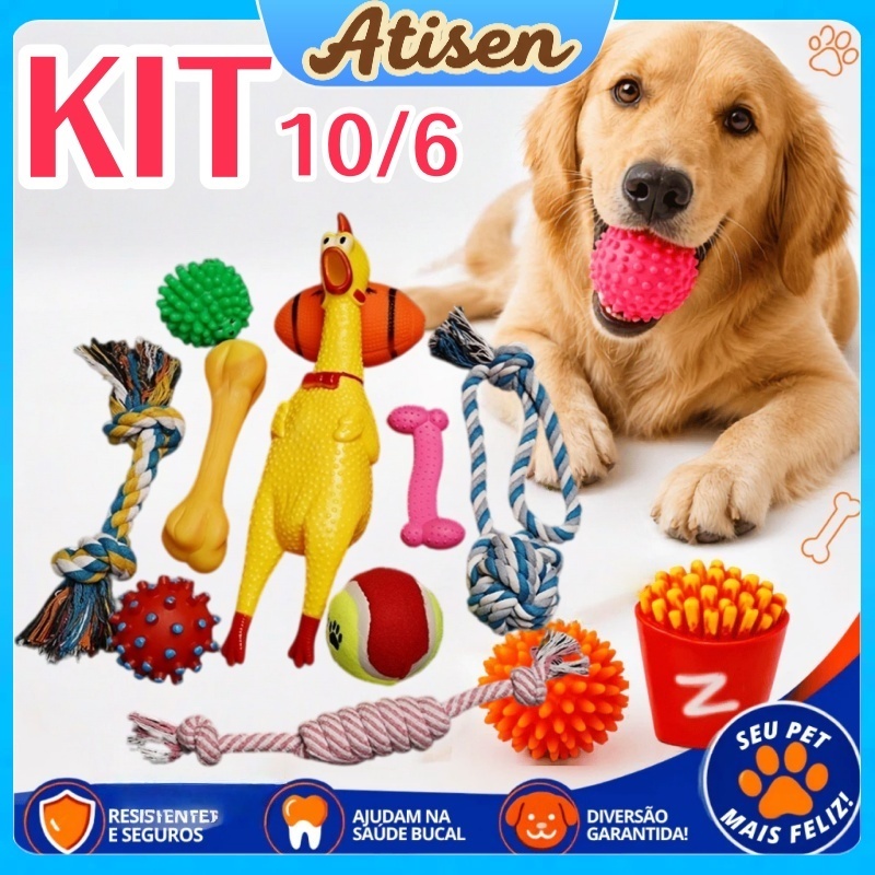 Kit 10/6 Brinquedos para Cachorro Galinha Gritante Mordedor, Corda, para Cães-Alivia o Tédio e a Ansiedade