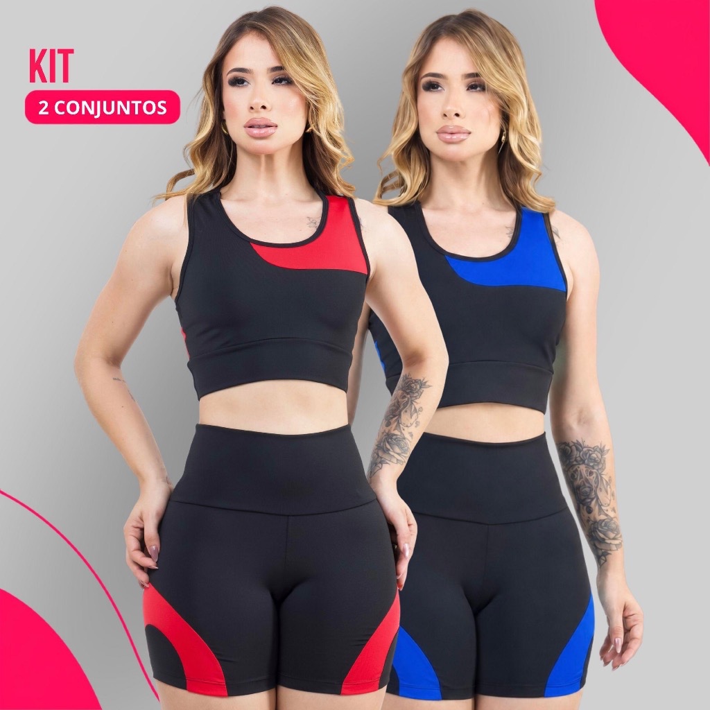 Kit 2 Conjuntos Academia Feminina – Top + Short Cintura Alta e Modeladora