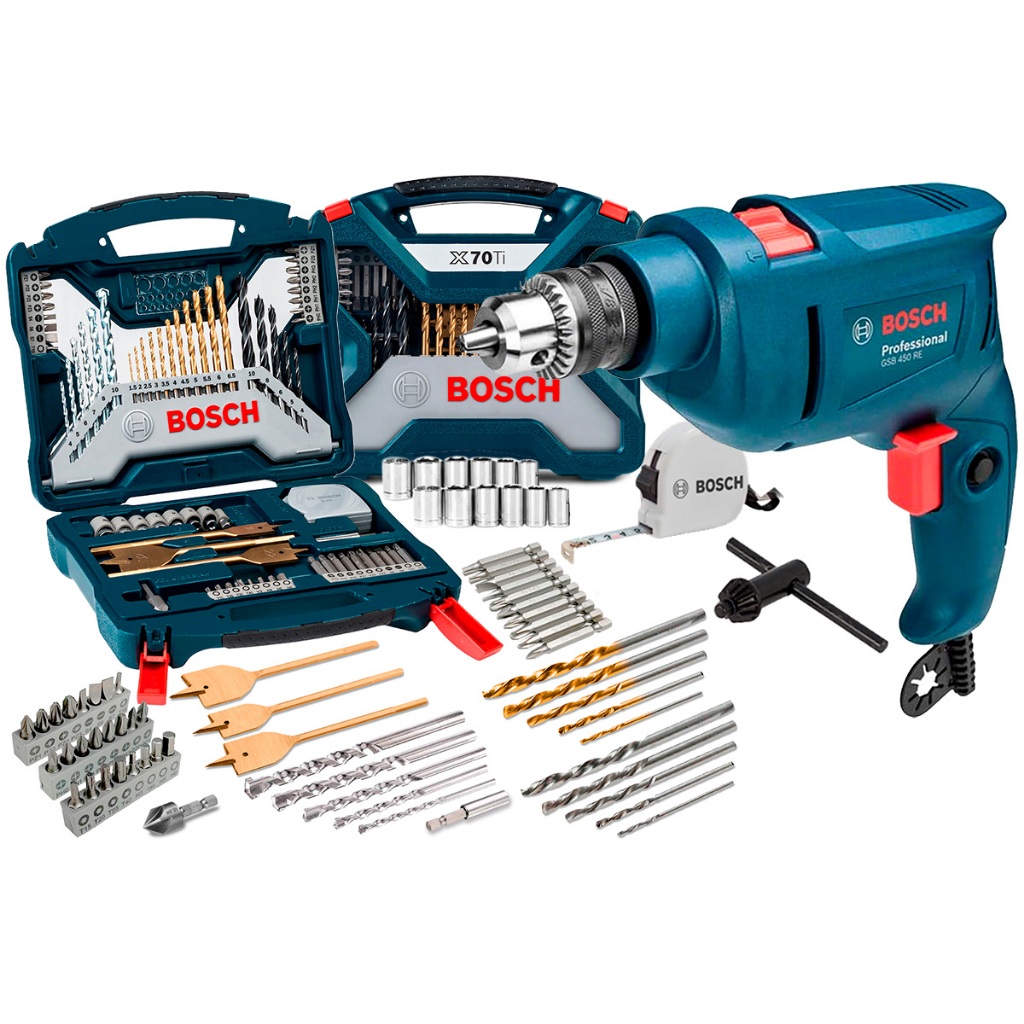 Furadeira Industrial De Impacto 3/8 Reversão 450w + Kit X-line 70 Peças Ferramentas Brocas Bits Trena Bosch Azul