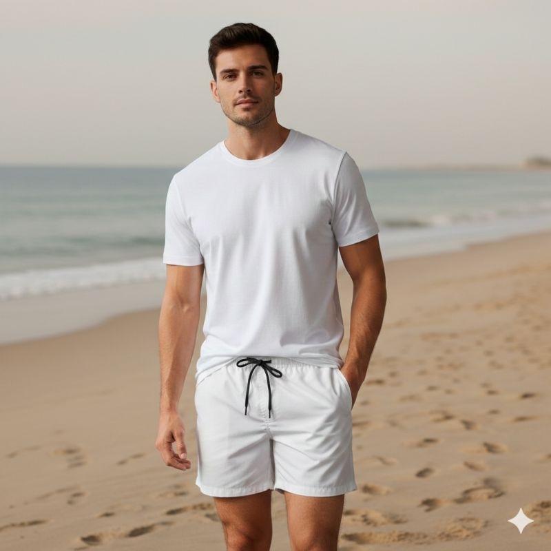 Kit Camiseta Algodão + Short Tactel Masculino Moda Praia Verão Fitness Academia Corrida