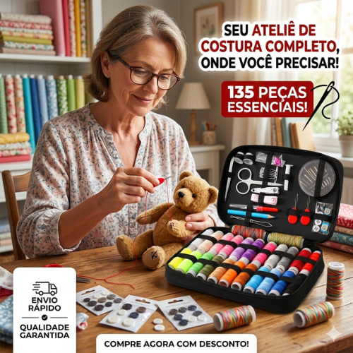 Kit De Costura 135 Peças Completo Com Estojo Zíper Portátil p/ Viagem Casa Iniciante Artesanato Linhas Coloridas
