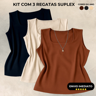Kit 3 Blusas Regata Plus Size Feminina Suplex Estilosa Básica Decote Quadrado Moderna em Oferta na Shopee