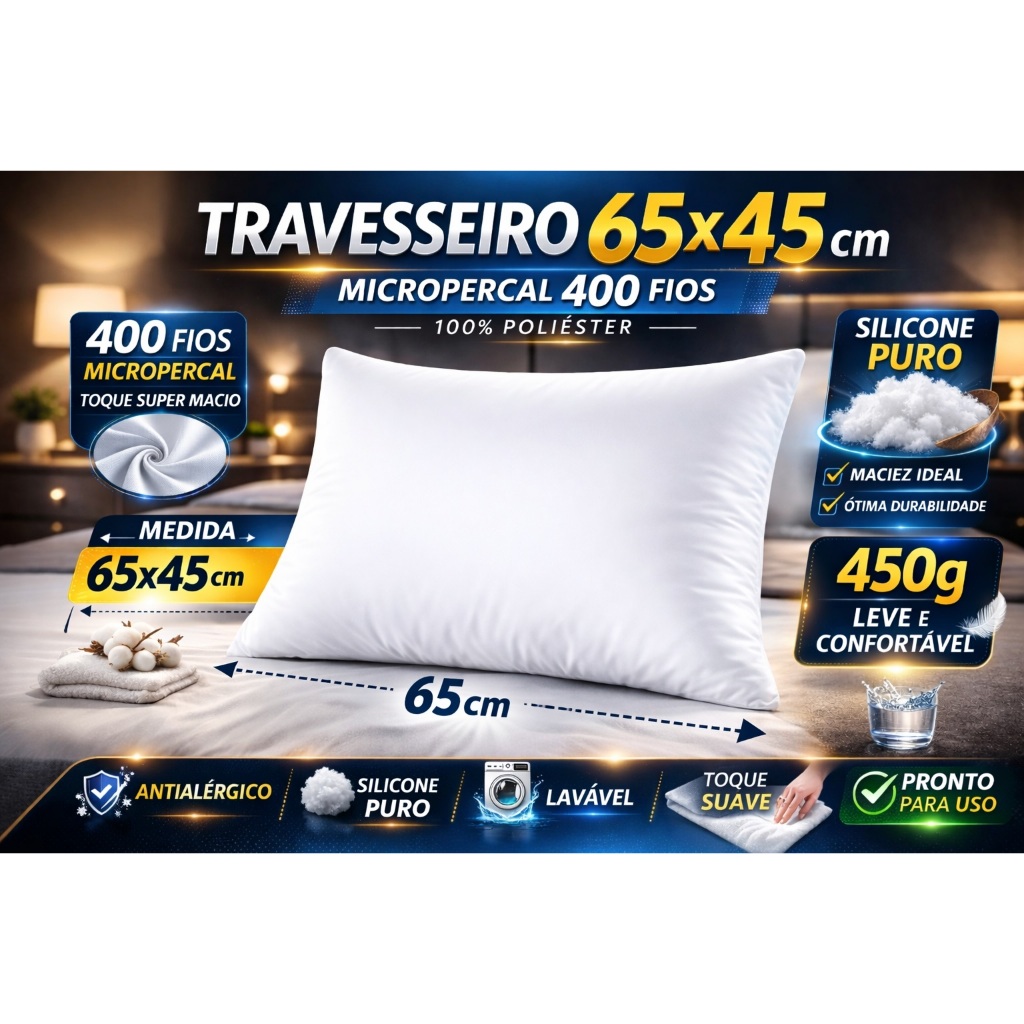 Travesseiro Micropercal 400 Fios Silicone Puro 450g Antialérgico Macio PREMIUM