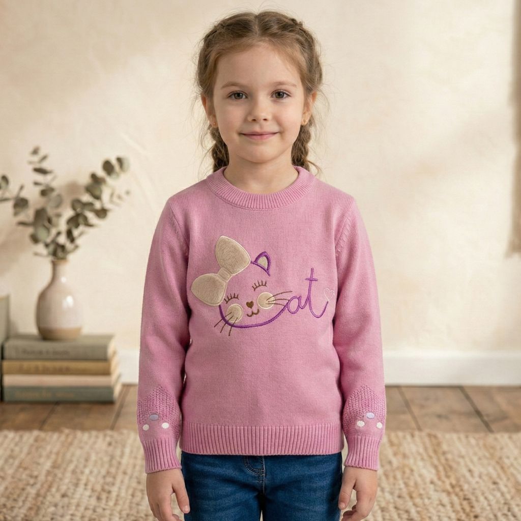 Blusa Tricot Infantil Rosa Bordada Cat Quentinha para Frio