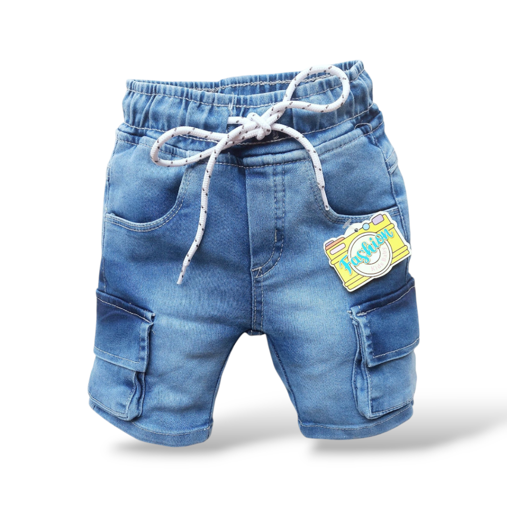 Bermuda Bolso Cargo Jeans Infantil Short Bebê Menino Cintura Elástico