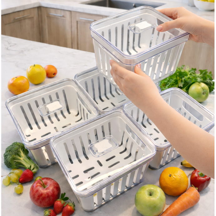 Kit Organizadores de Geladeira 3.8L Cesto Com Tampa Multiuso Alimentos Verduras e Vegetais Rebirth