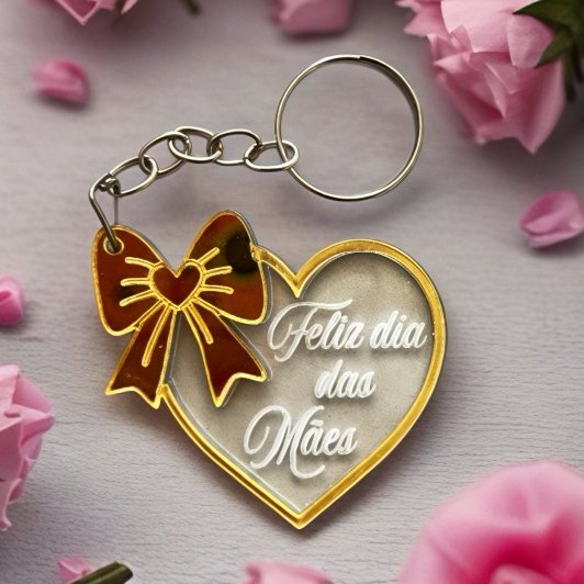 Kit Chaveiro CORAÇÃO ACRÍLICO CRISTAL + DOURADO ESPELHADO, para escola, dia das mães, lembrancinhas, igreja