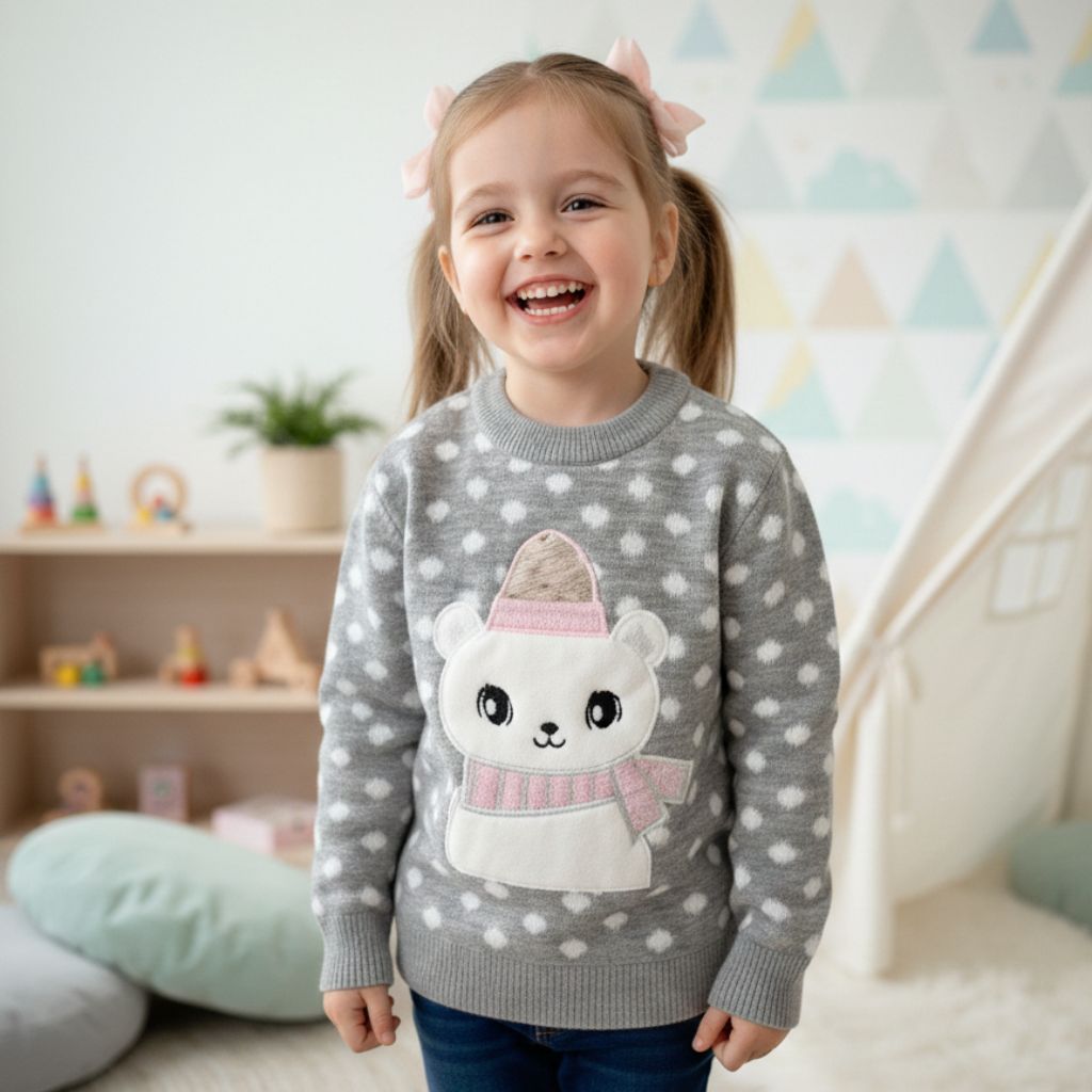 Blusa de Tricô Infantil Menina Inverno Quentinha Ursinho Bolinha (Patria Kids)