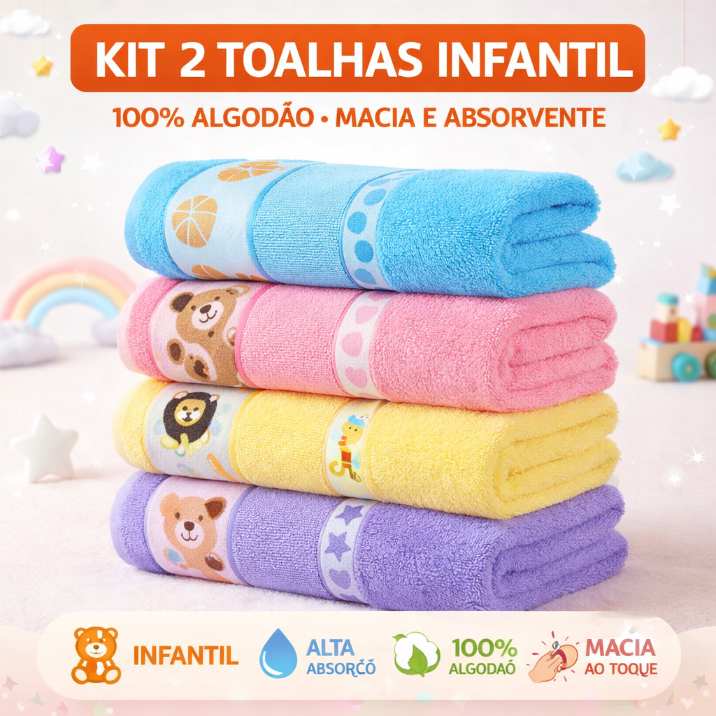 Kit2 Toalha De Banho Infantil Com Desenhos Kids 100% Algodão 70cm x 1,10m em Oferta na Shopee