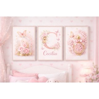 Kit 3 Quadros Floral Borboleta Luxo Rosa Dourado Personalizado Nome em Oferta na Shopee