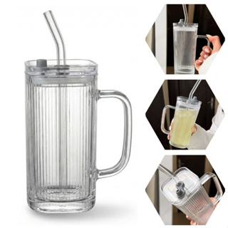 Copo de Vidro com Tampa e Canudo de Vidro 250ml Quadrado com Alça em Oferta na Shopee