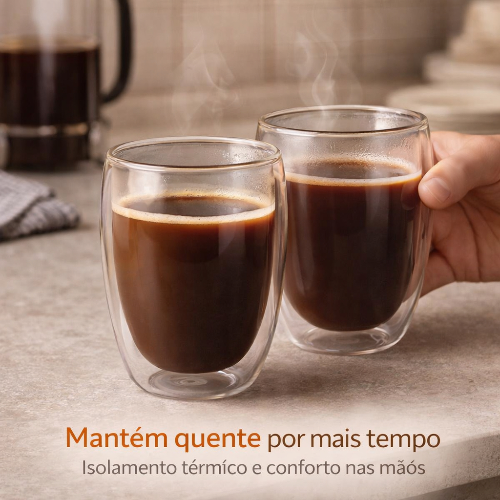 Conjunto 2 Copos de Vidro Parede Dupla 350ml Térmico Isolamento Bebidas Quente e Fria D...