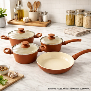 Jogo Conjunto de Panelas 4 Peças Cerâmica com Fundo de Indução Antiaderente Cabos Soft Touch em Oferta na Shopee