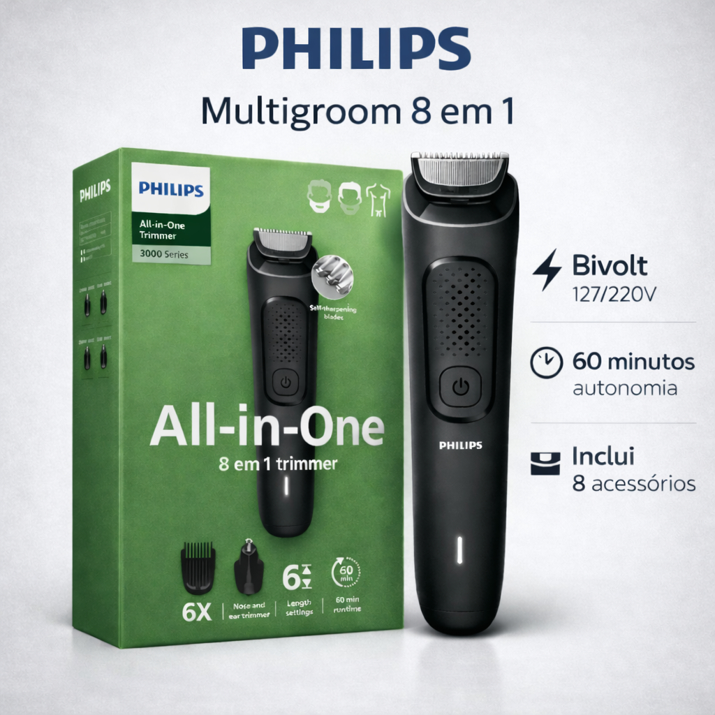 Philips Multigroom 8 em 1 Mg3917/15 Bivolt Usb Barbeador Aparador Barba Cabelo Corpo 60min