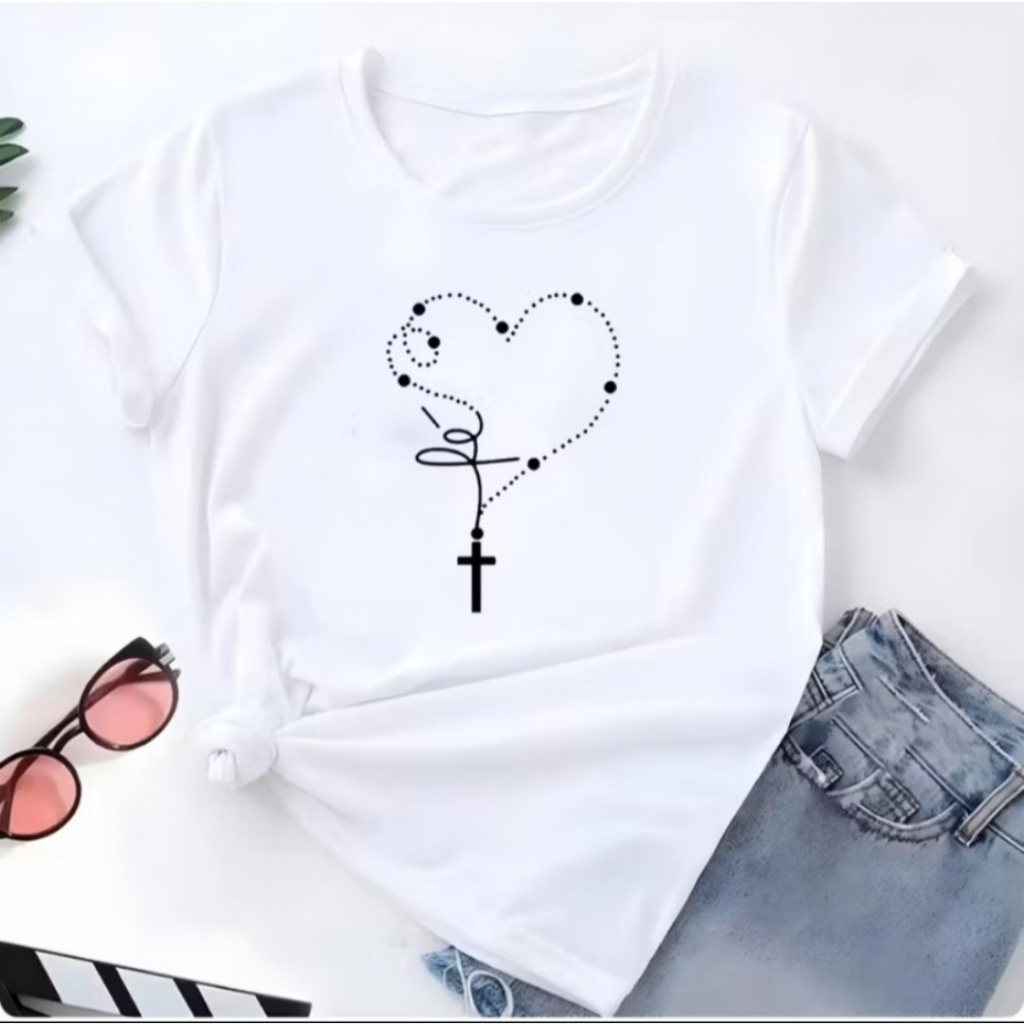 Camiseta Feminina Estampada 100% Algodão Estampa Terço Fé Estampa Religiosa