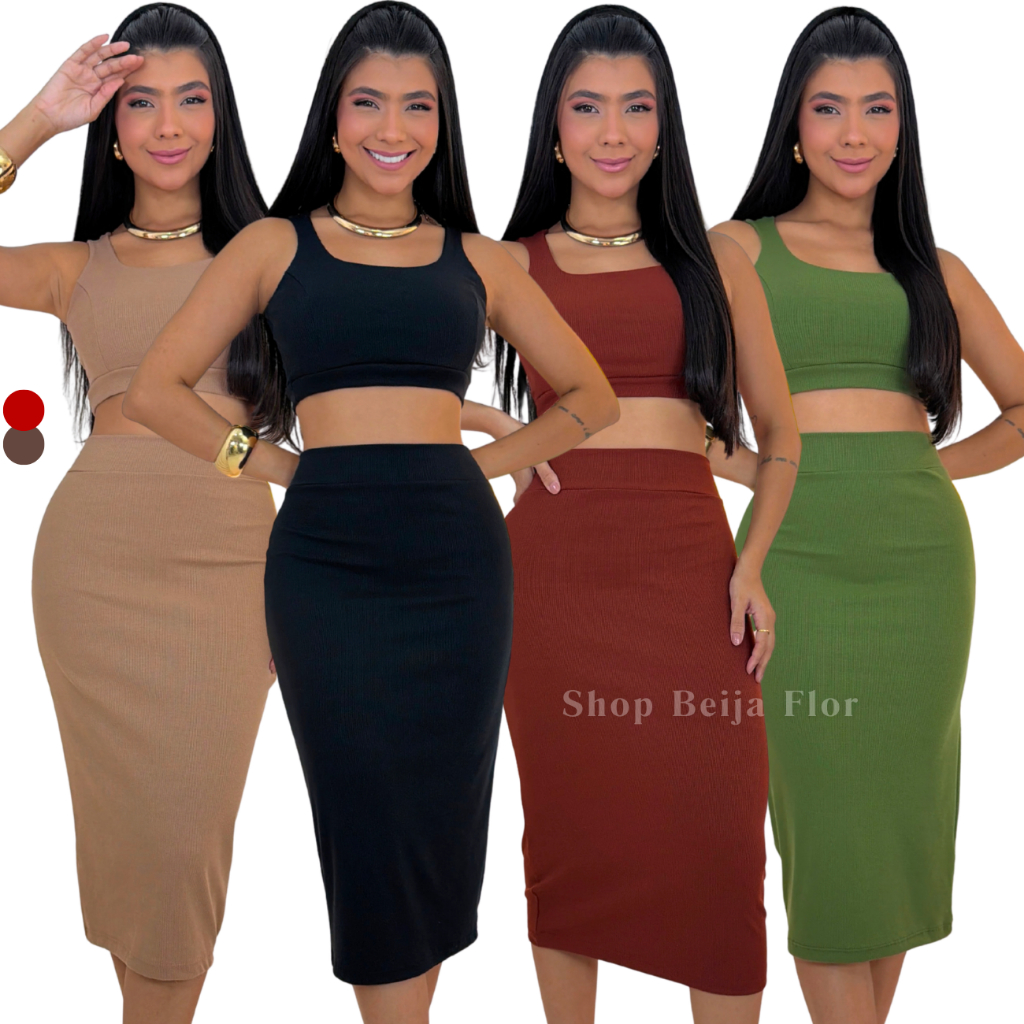 Conjunto Midi Malha Canelada Toque Algodão Premium Casual Elastano Confortável o Ano Todo