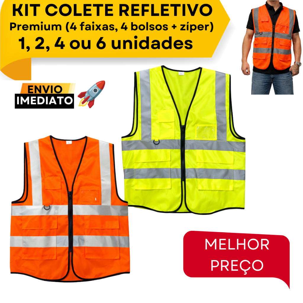 Kit Colete Refletivo 1/2/4/6 4 Bolsos 4 Faixas Segurança Sinalização Obra Transito Motoboy Rodovias Construção Indústria em Oferta na Shopee