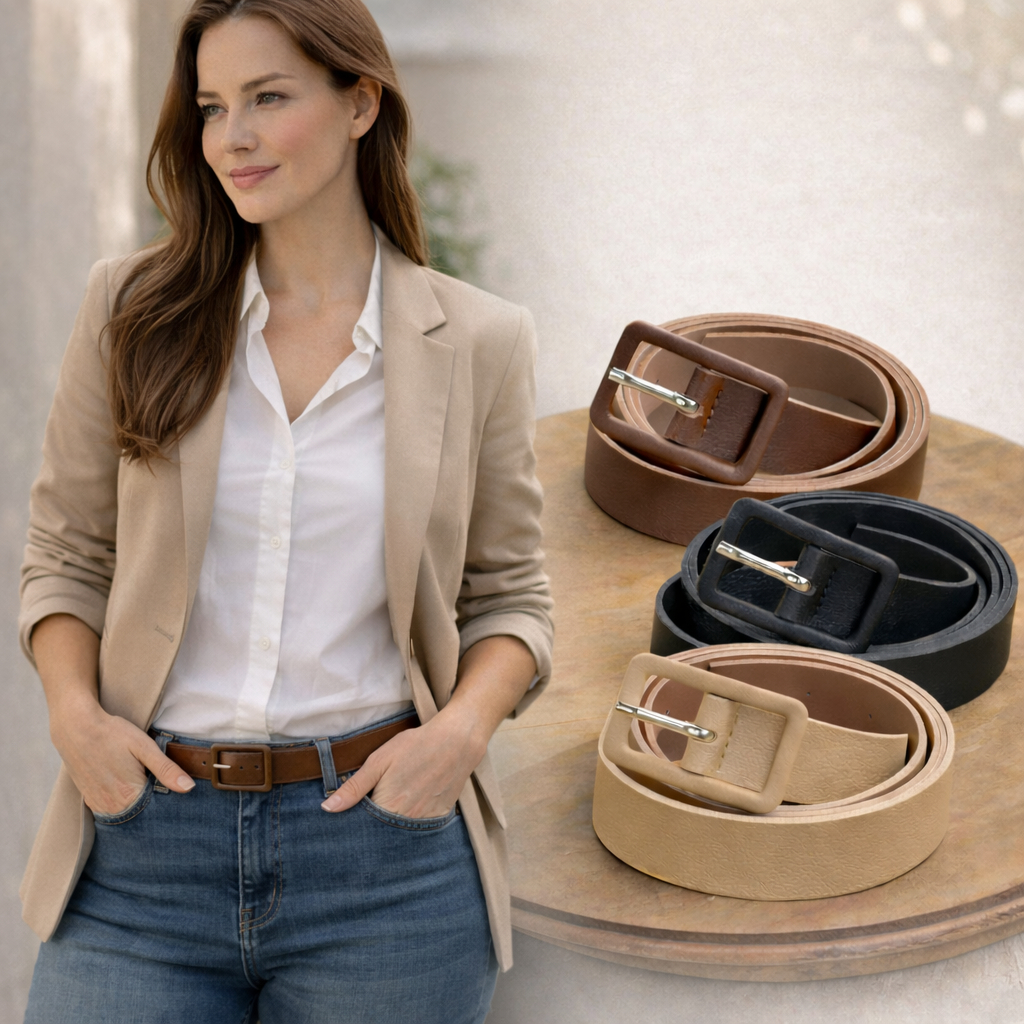 Cinto Feminino Fivela Retangular Encapada | Casual e Elegante | Couro Sintético KIT 3 cintos