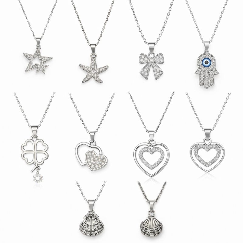 Colar Feminino Cravejado Cruz Olho Grego Borboleta Infinito Cauda de Sereia Estrela Coração Aço Inox