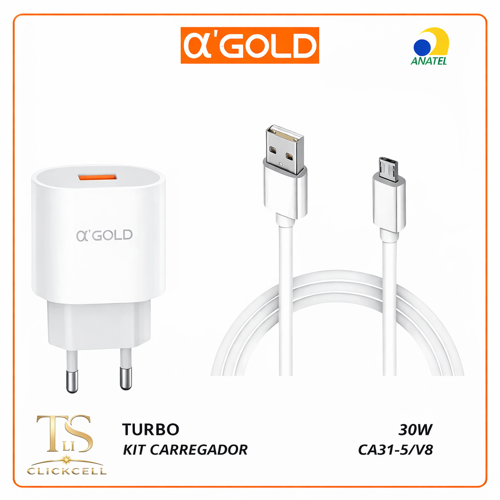 Carregador A'Gold Turbo USB 30W 6.1A / TIPO C (CA31-7) LIGHTNING (CA31-6) V8 (CA31-5)