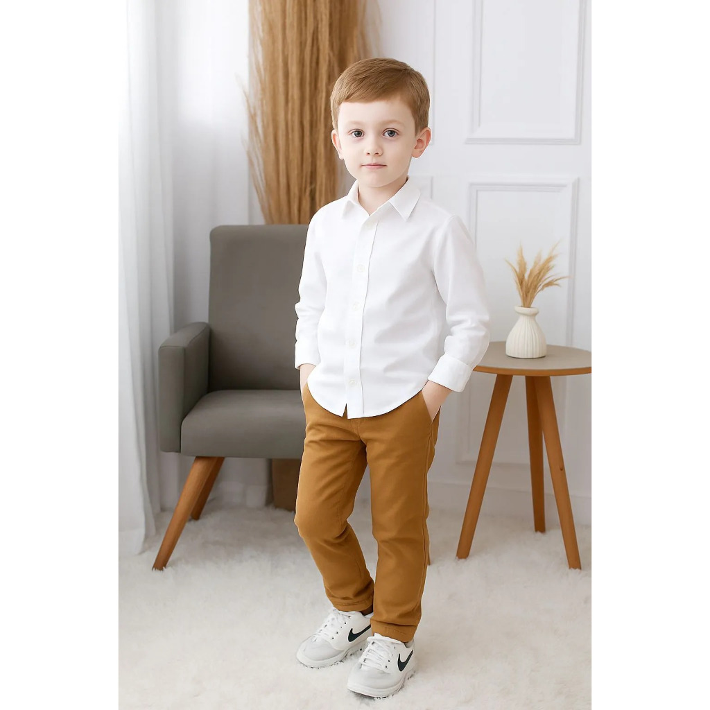 Conjunto Roupa Calça Caramelo Camisa Social Batizado Formatura Casamento Pajem Infantil