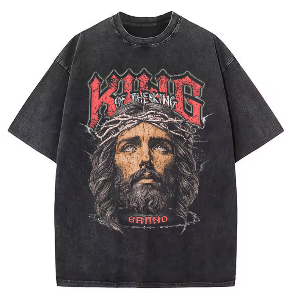 Camiseta Estonada Lavada Vintage King Of The King Jesus Cristo Blessed Deus Unissex