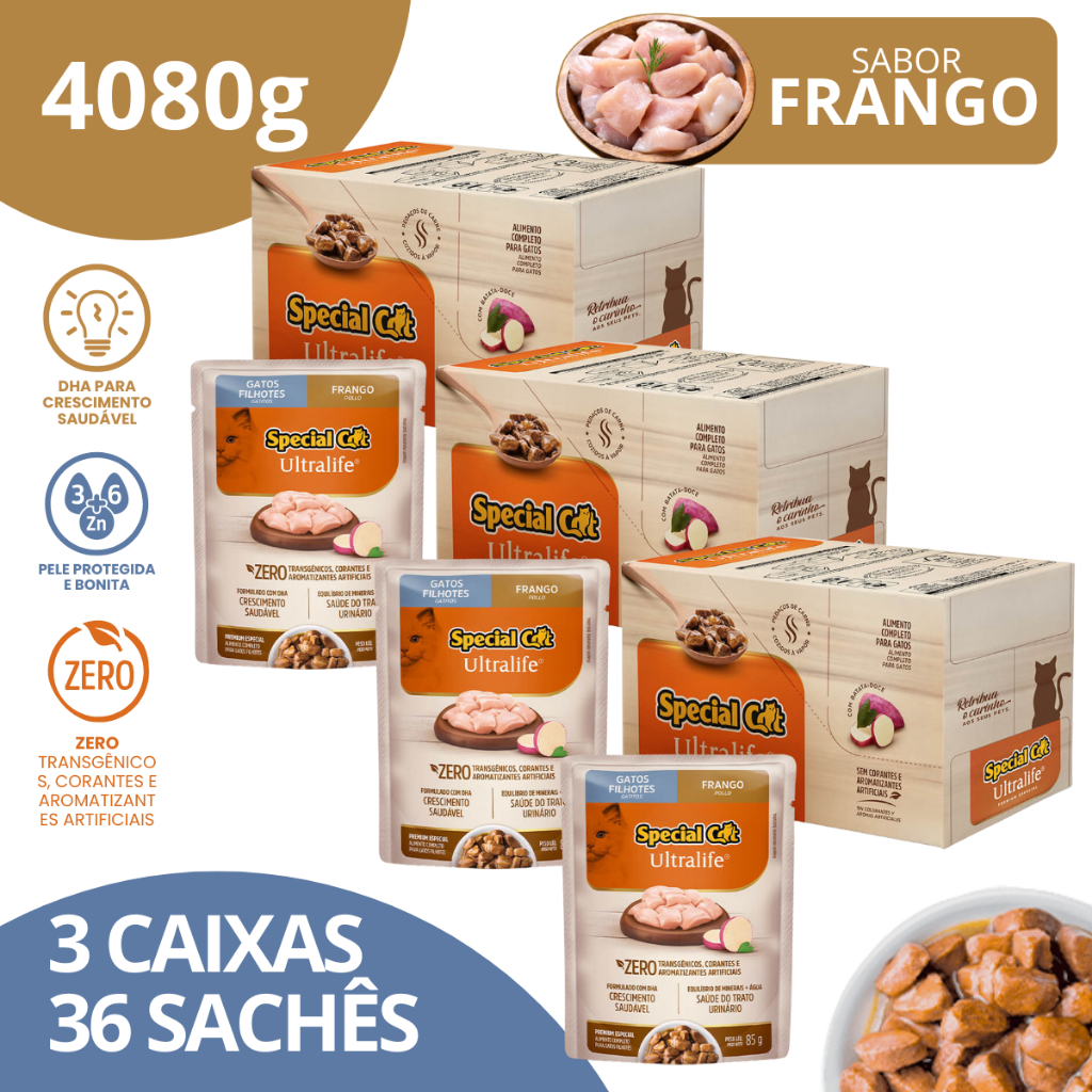 Kit 3 Caixa 12 Sachê Special Cat Ultralife Filhotes Sabor Frango - 85g